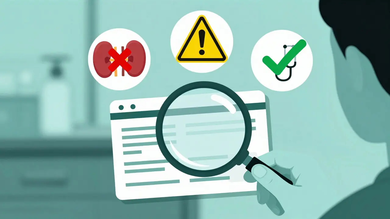 Person reading drug label with magnifying glass, icons showing contraindications, warnings, and safe consultation.