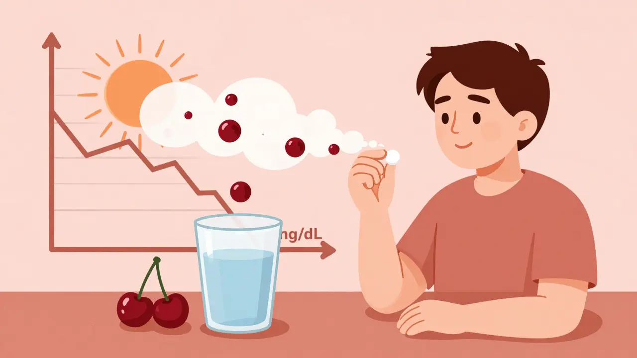 Person taking medication with dissolving tophi and falling uric acid levels in background.