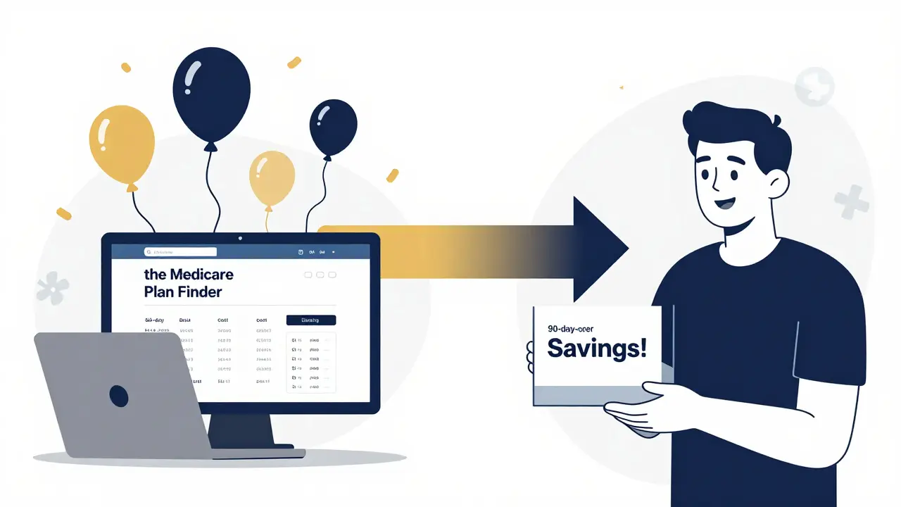 Person using laptop to compare drug costs, receiving mail-order prescription