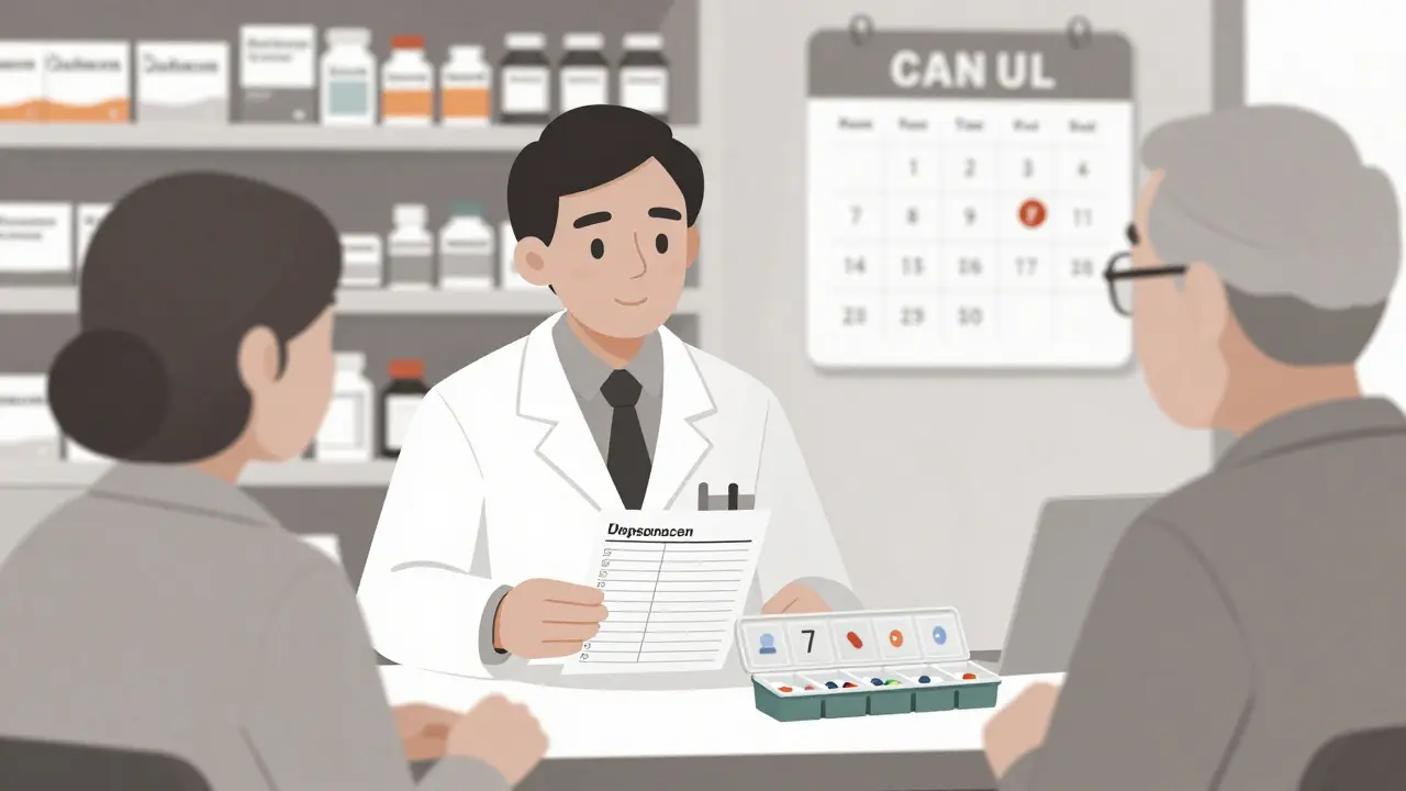 Pharmacist and patient reviewing a medication chart with a pill organizer nearby.