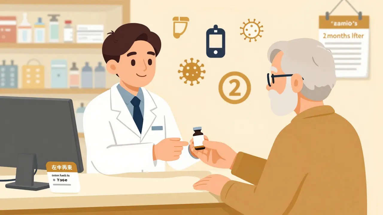 Pharmacist gives Shingrix vaccine to an older adult, with second dose reminder visible.