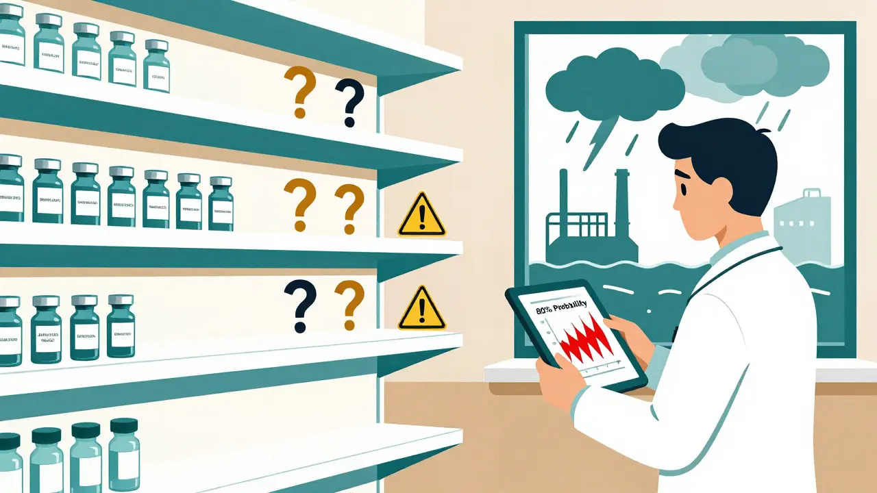 Pharmacy shelf with missing insulin and chemo drugs, replaced by warning symbols, while a predictive graph glows on a tablet.