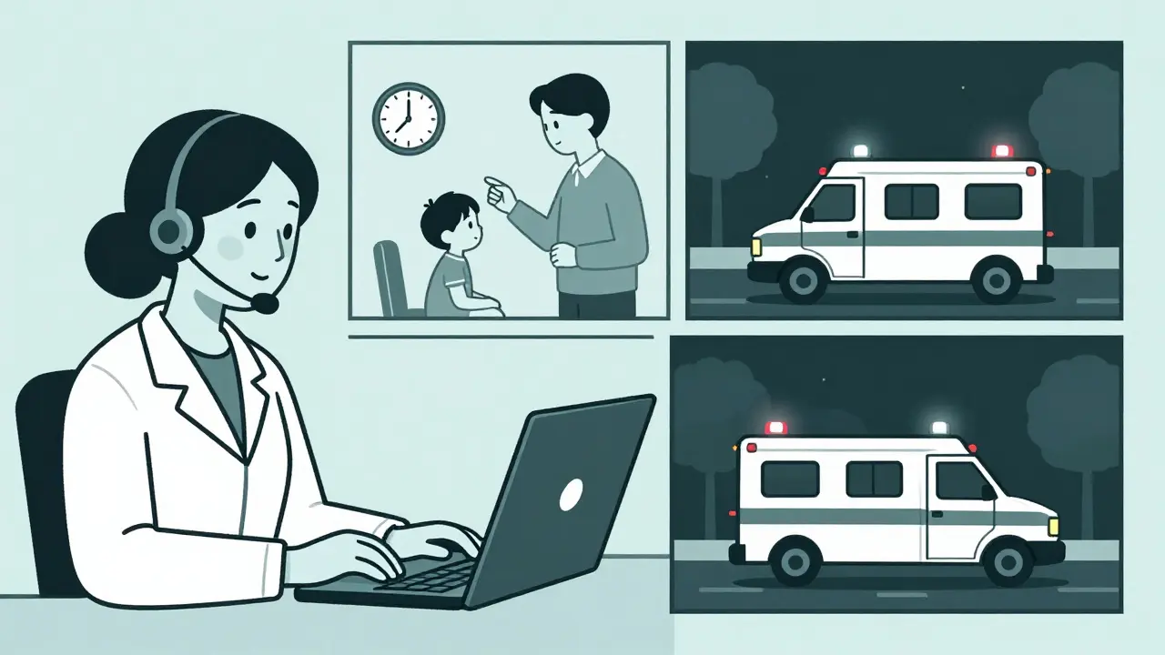 Poison control specialist on phone, split scene shows home monitoring vs. ambulance en route.