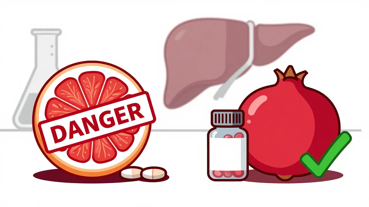 Split illustration comparing grapefruit (danger) and pomegranate (safe) with medical symbols.