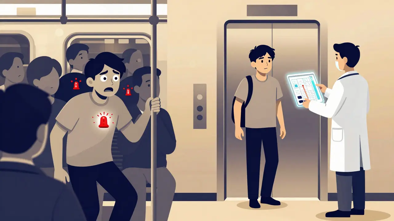 Split illustration of panic in a subway versus calm exposure to an elevator, using duotone colors.