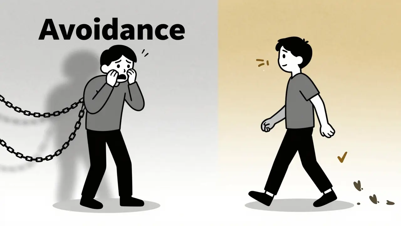 Split illustration: one side frozen in fear, the other walking forward with positive symbols.