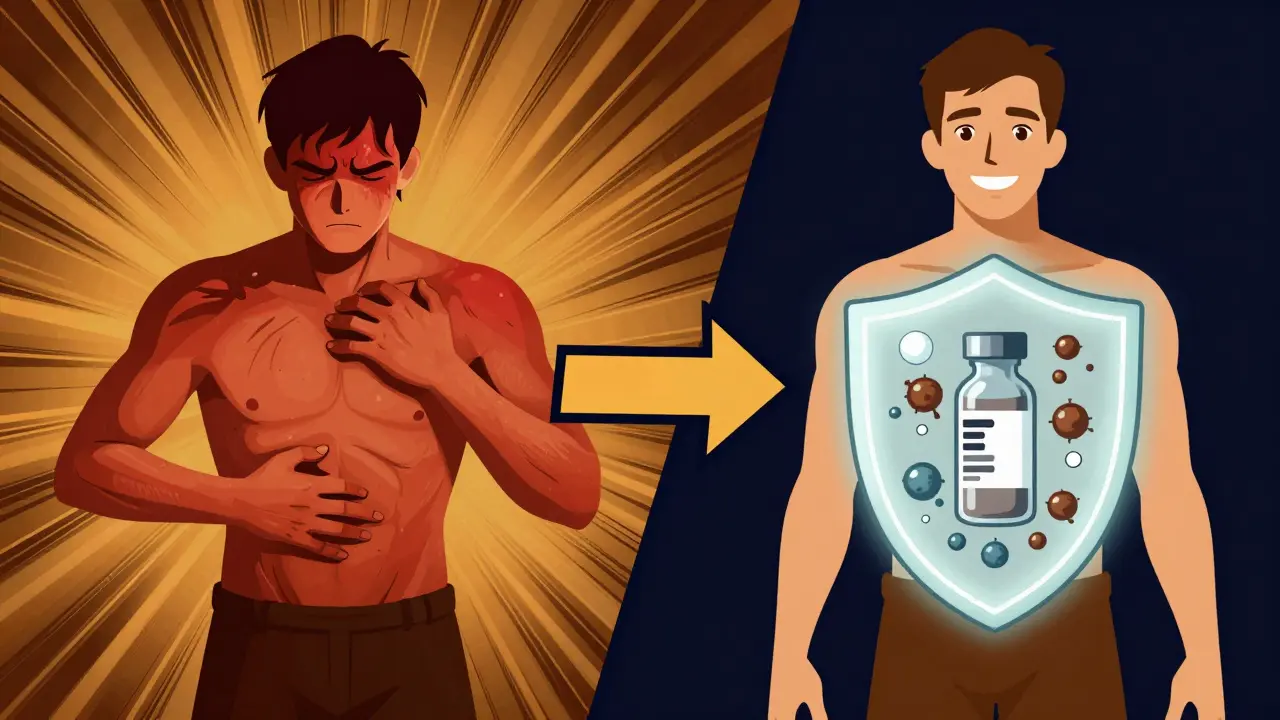 Split image: one side shows shingles pain, the other shows protection from the vaccine.