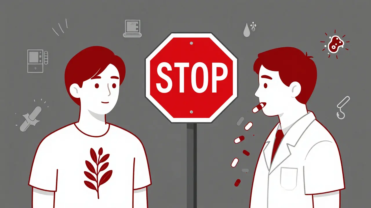 Split-personality figure with rhodiola plant on one side and pills on the other, stopped by a large red sign.