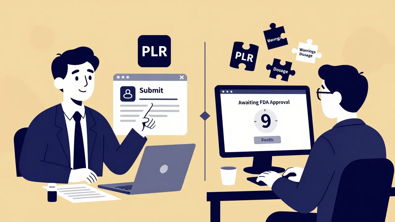 Split scene: brand drug company submits update while generic manufacturer waits for FDA approval, with a 9-month timer.
