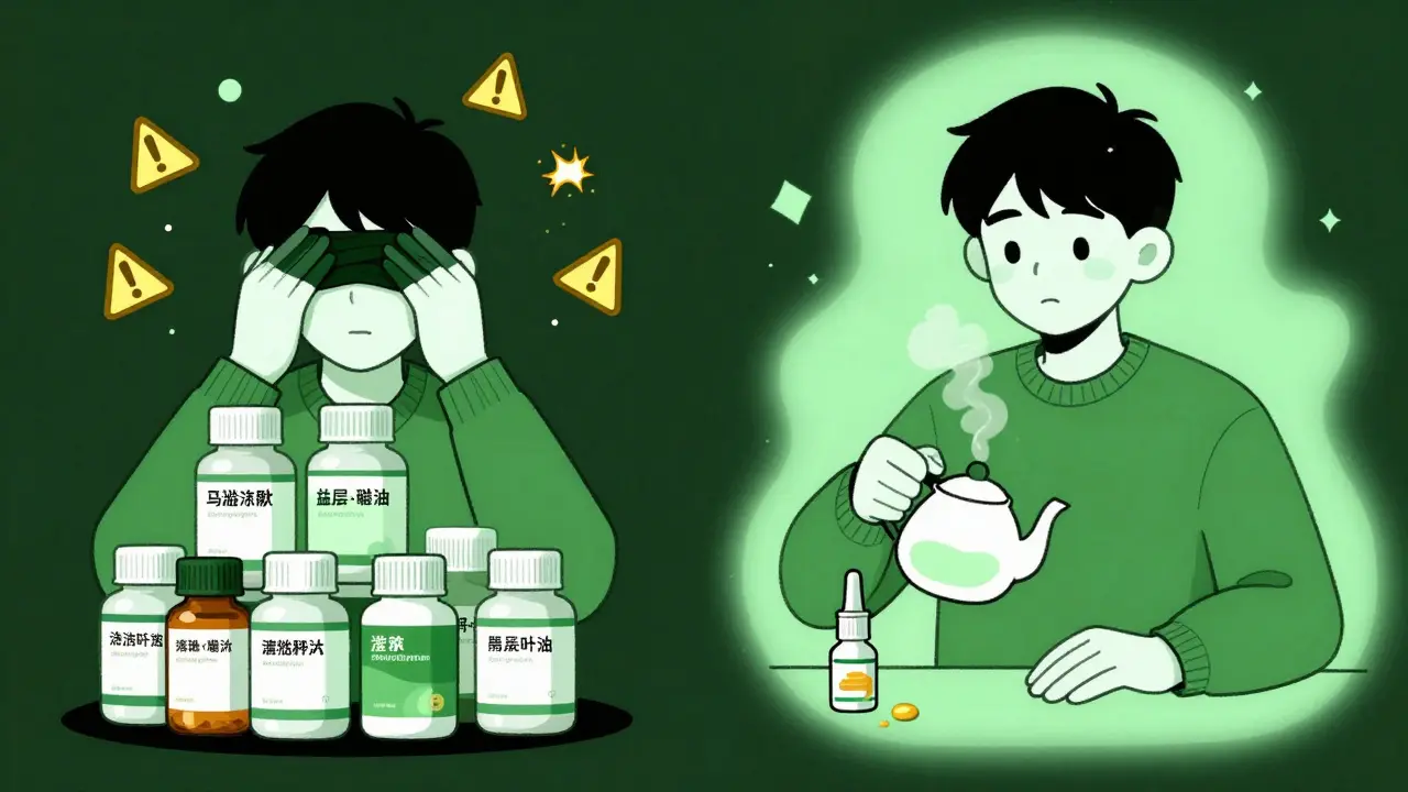 Split scene: chaotic pile of cold meds causing warning symbols vs. calm use of honey, saline, and steam.