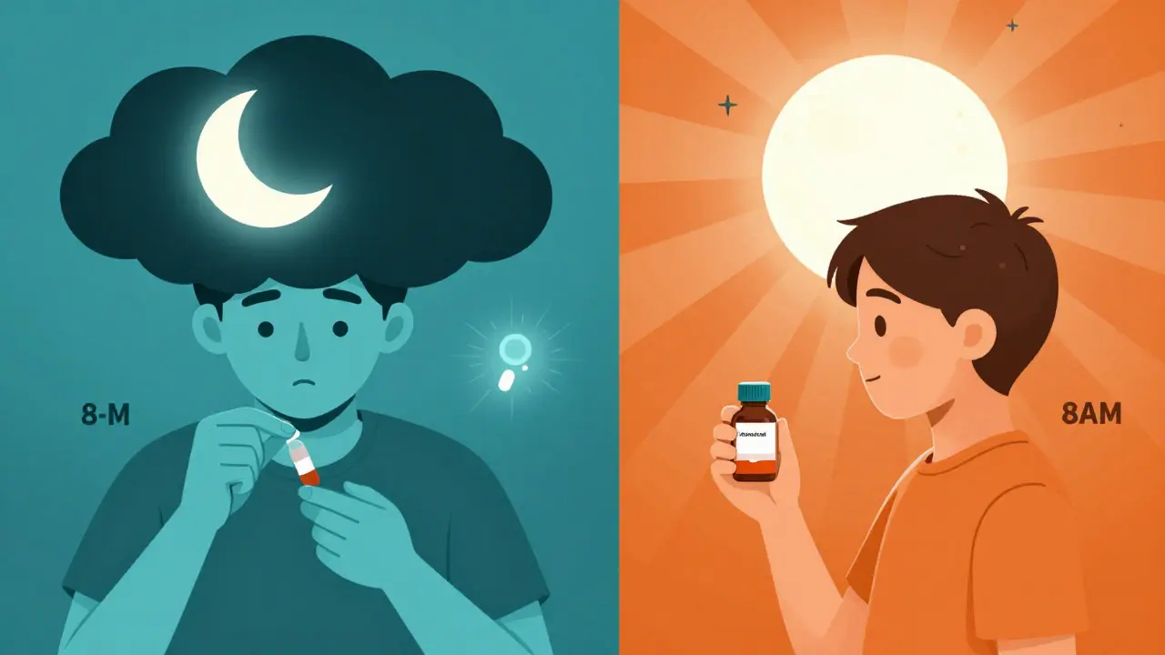 Split scene: taking beta-blocker at night vs morning, with melatonin moon blocked or shining.