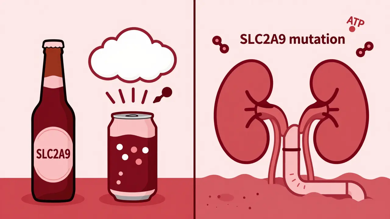 Split-screen showing beer and kidneys with genetic mutation blocking uric acid flow.