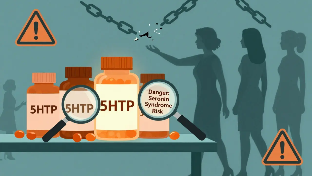 Supplement shelf with 5-HTP glowing ominously beside gummy vitamins under a warning magnifying glass.