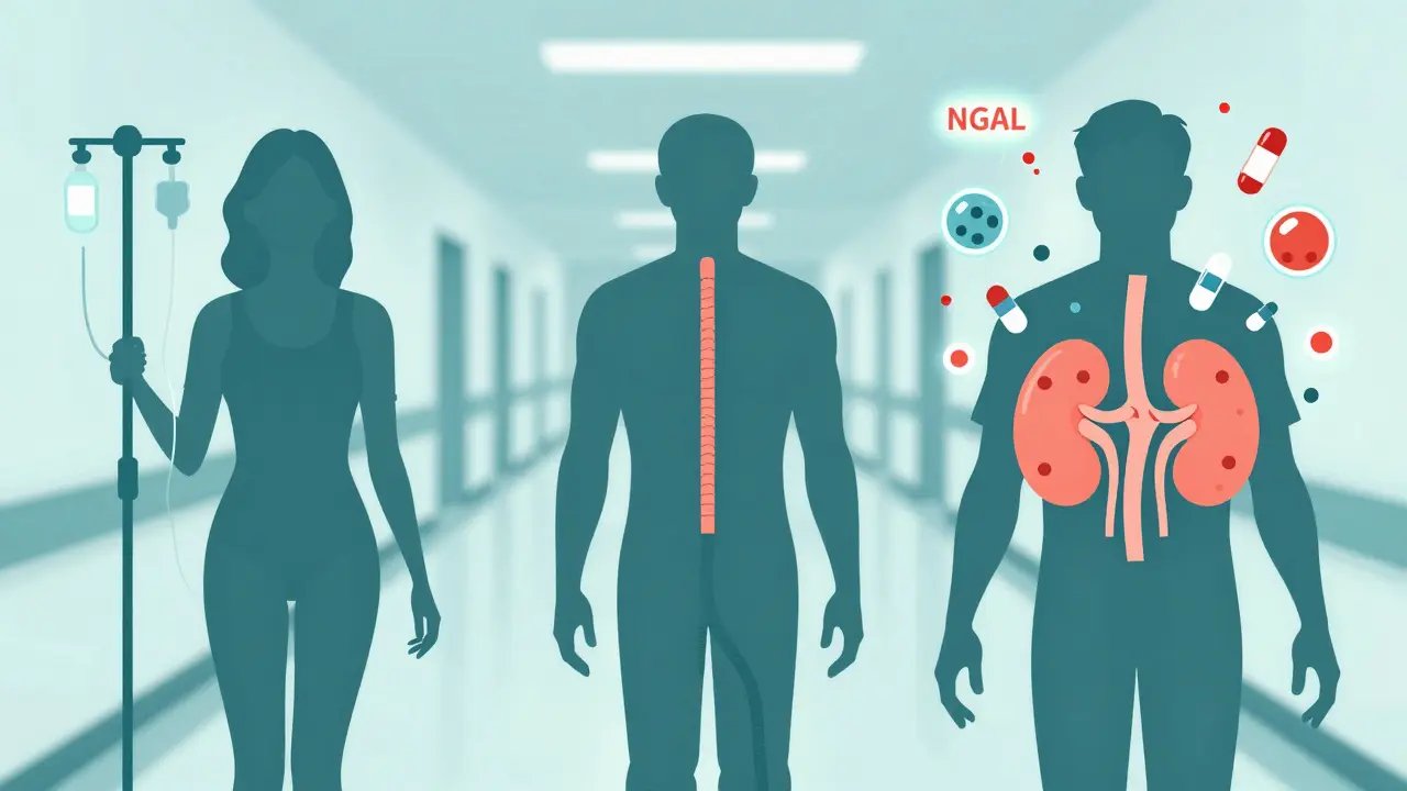 Three patients with different AKI causes illustrated as symbolic elements in duotone style.