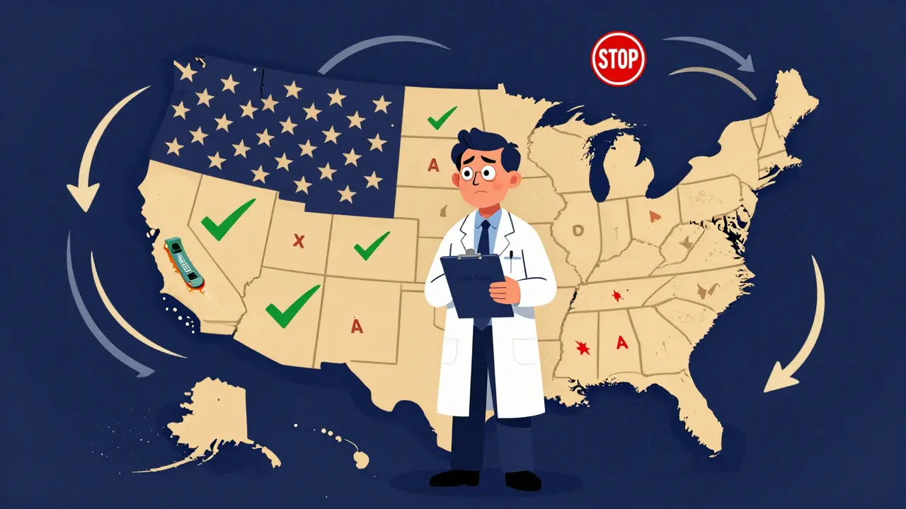 U.S. map showing states that allow or block automatic biosimilar substitution