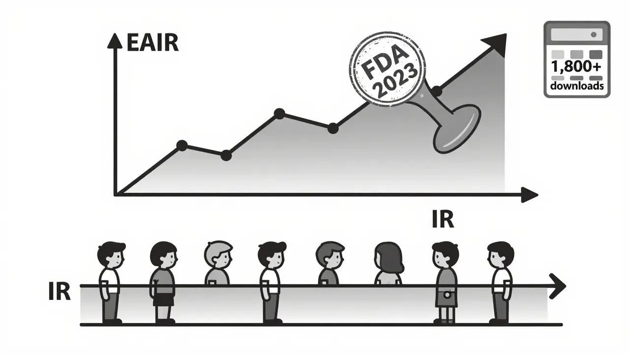 A clinical trial timeline showing how EAIR reveals true risk over time, while IR misrepresents it, with FDA approval stamp.
