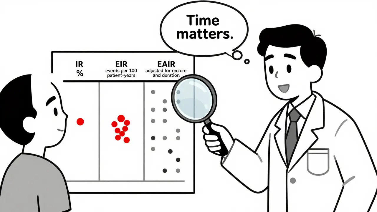 A doctor using a magnifying glass to compare three methods of measuring adverse events: IR, EIR, and EAIR.