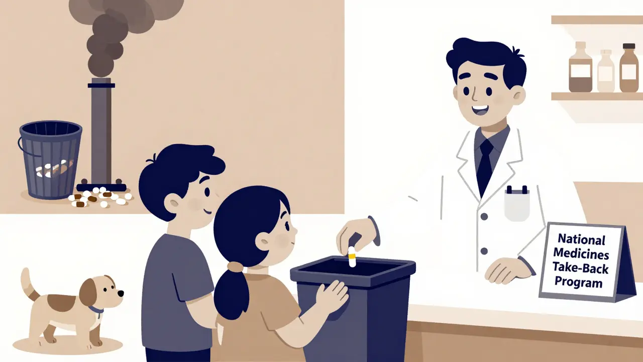 A family drops off expired meds at a pharmacy take-back bin, with a safe disposal sign visible.