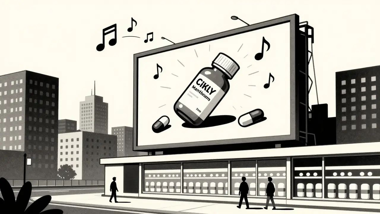 A giant branded drug billboard towers over a city as tiny generic pills go unnoticed in a pharmacy window.
