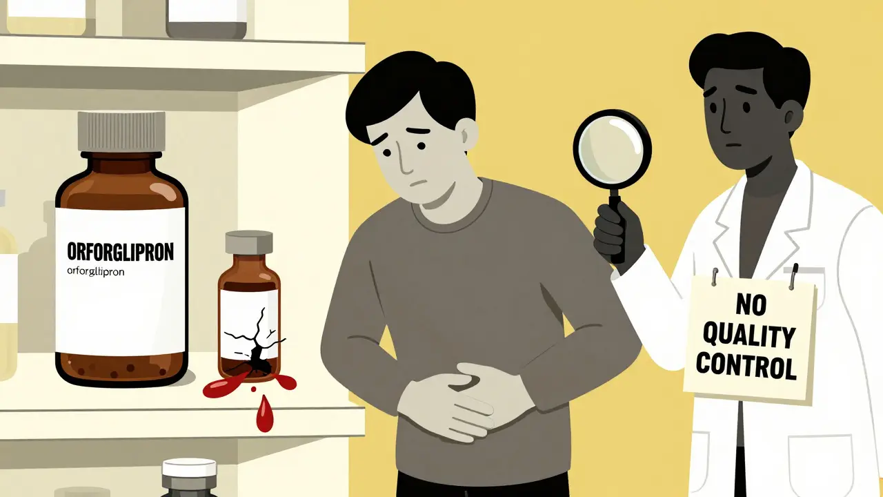 A patient beside a pharmacy shelf with one approved drug and one dangerous compounded vial leaking red, under a warning sign.