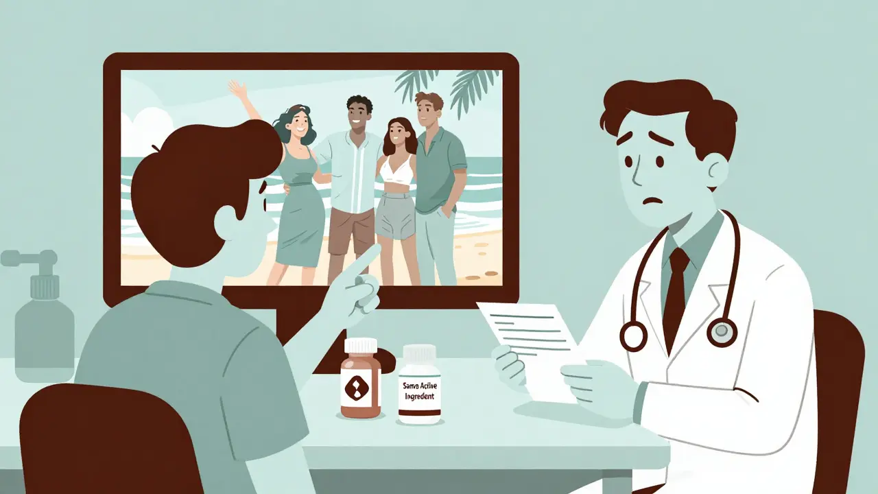 A patient points to a drug ad on TV while a doctor holds a prescription pad with two pills side by side.