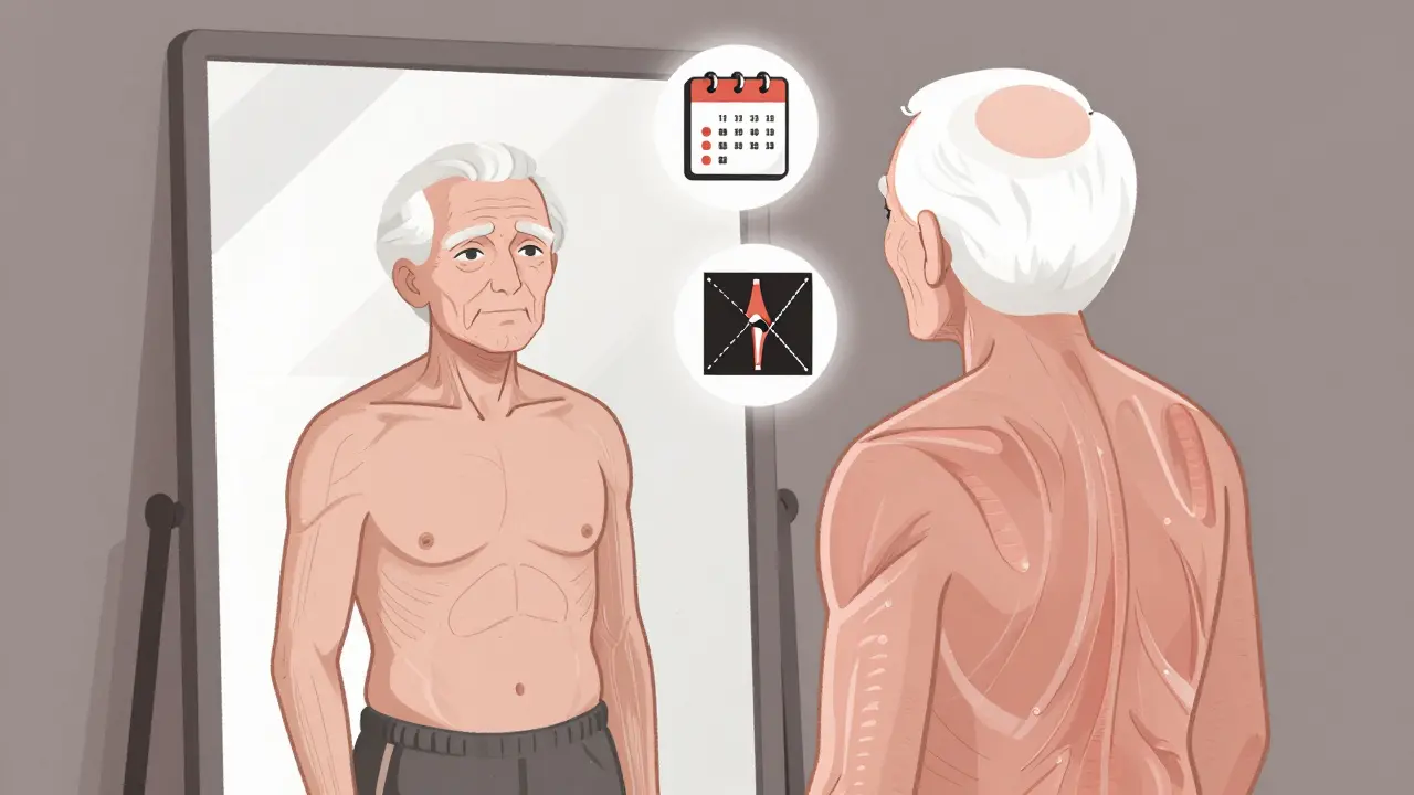 An elderly person seeing their reflection show muscle and bone loss alongside medical icons, symbolizing long-term GLP-1 risks.