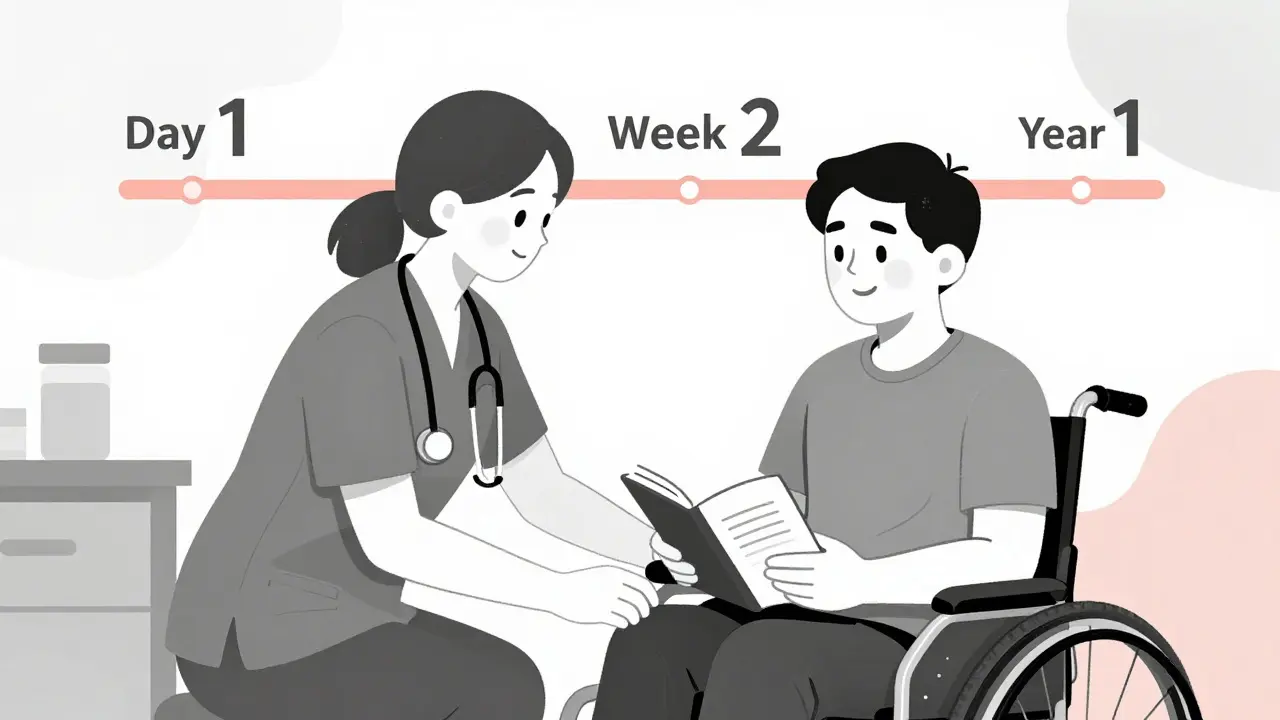 Caregiver and person with SCI sharing a quiet moment with progress journal visible