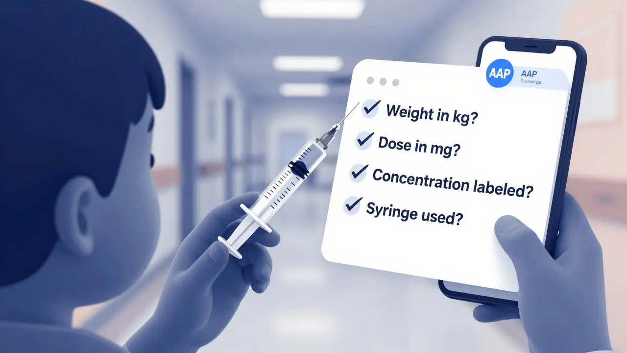 Child's hand holding a medicine syringe beside a checklist confirming safe dosing steps.