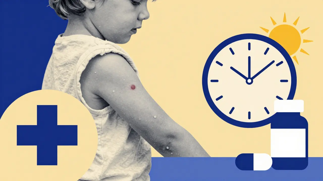 Child with tick bite, clock, and rising sun for timely treatment