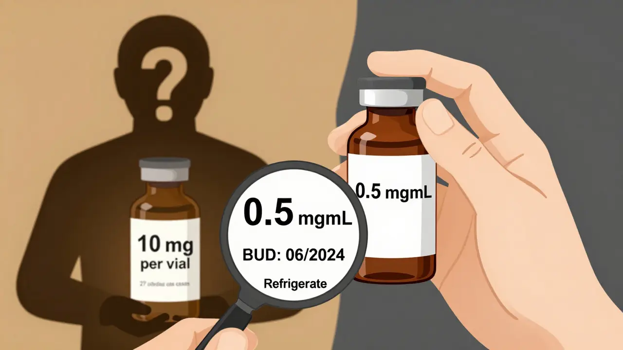 Clear medication label with concentration and BUD next to a dangerous mislabeled vial in shadow.