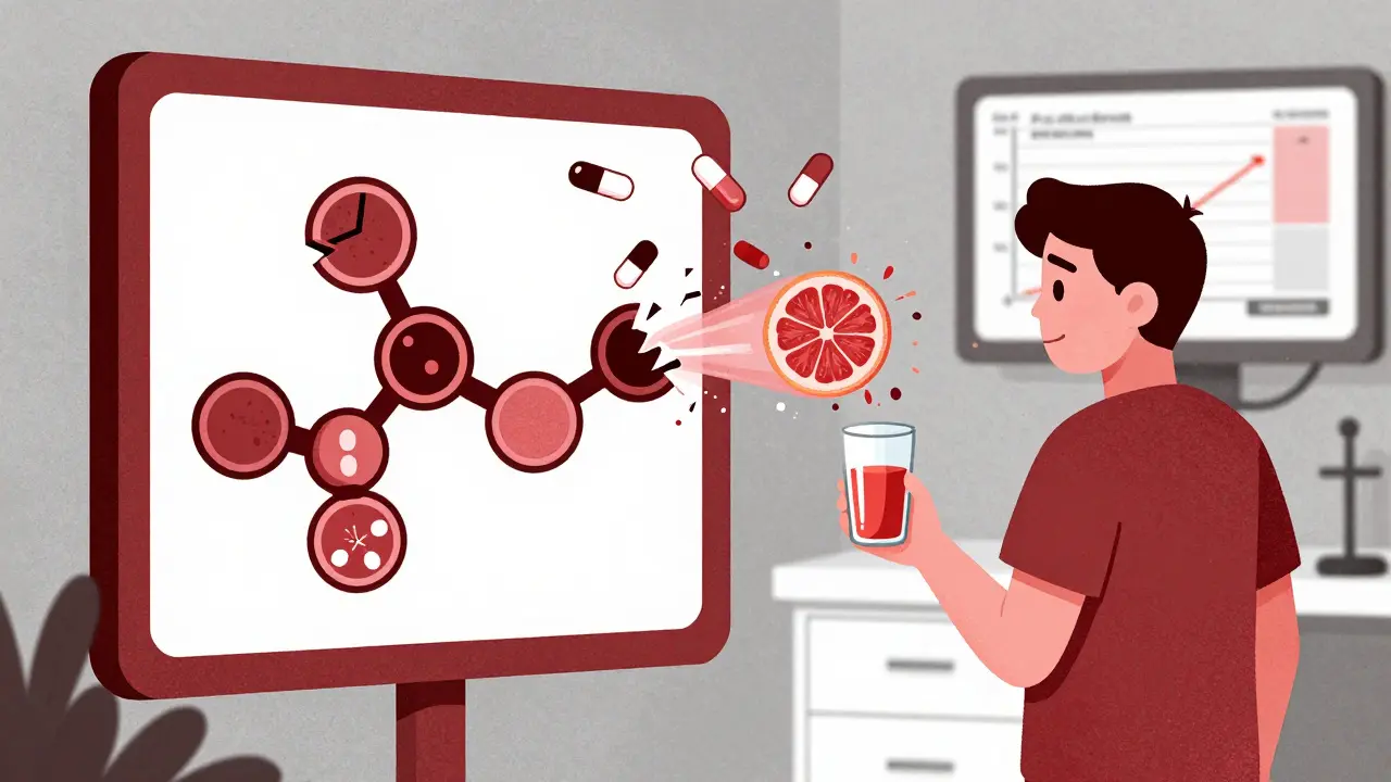 Patient warned by grapefruit juice and chaotic drug interactions in stark red and gray illustration