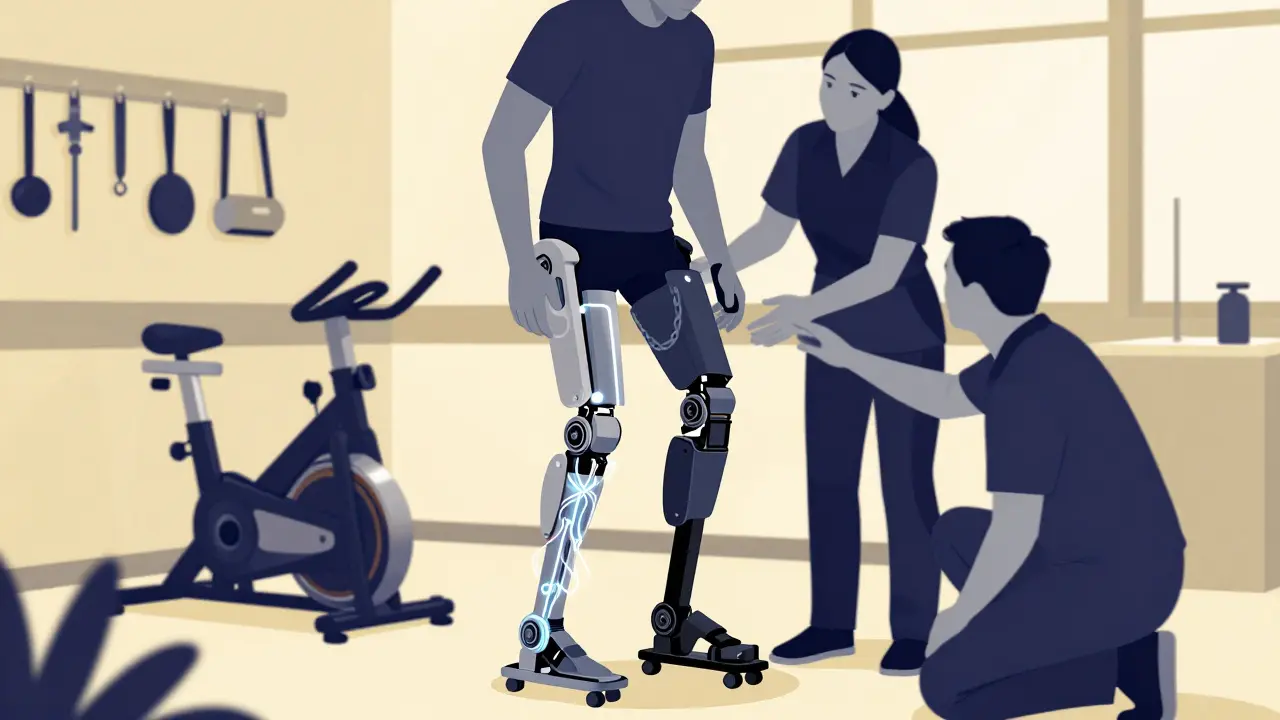 Person standing with robotic exoskeleton, taking steps with therapist support