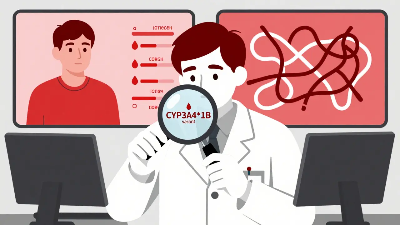Pharmacist analyzing blood drop with genetic code and dose adjustment in duotone clinic scene