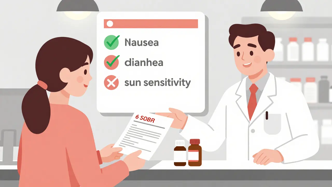 Pharmacist giving printed side effect guide to patient at pharmacy counter