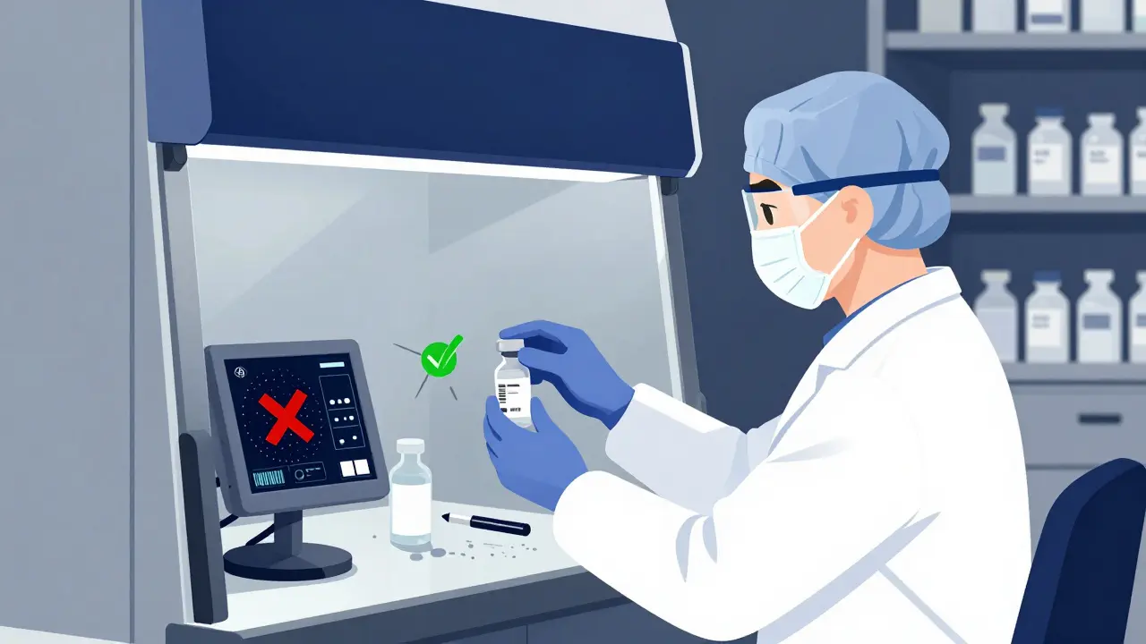 Pharmacist in sterile cleanroom using barcode scanner and monitoring environmental safety metrics.