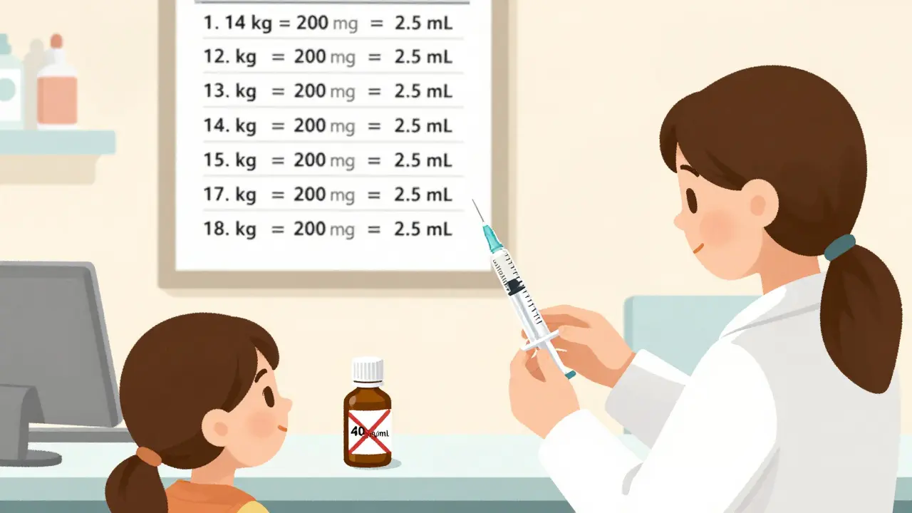 Pharmacist showing parent how to use a dosing syringe with weight-to-dose chart in background.