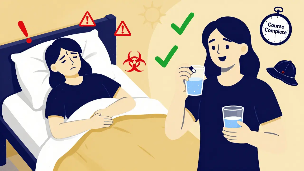 Split image: person in distress vs. person completing antibiotic course successfully