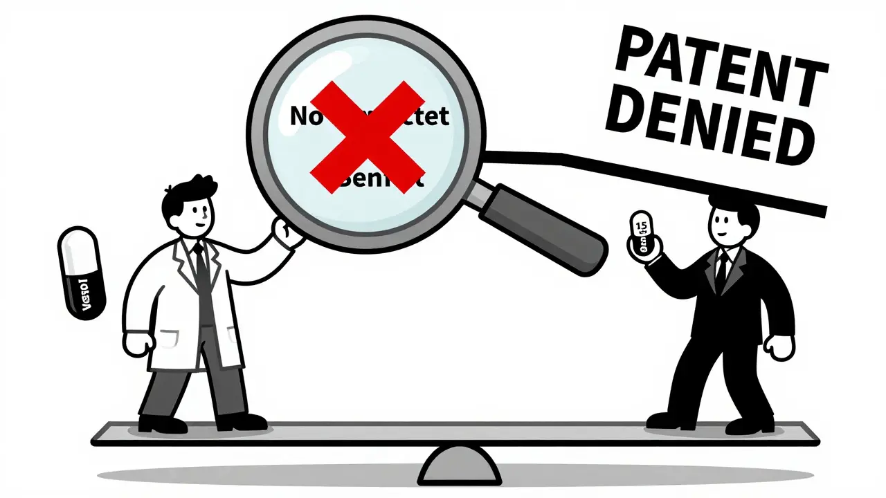 Two figures compare drug doses on a seesaw; a magnifying glass reveals 'No Unexpected Benefit' as the patent is denied.