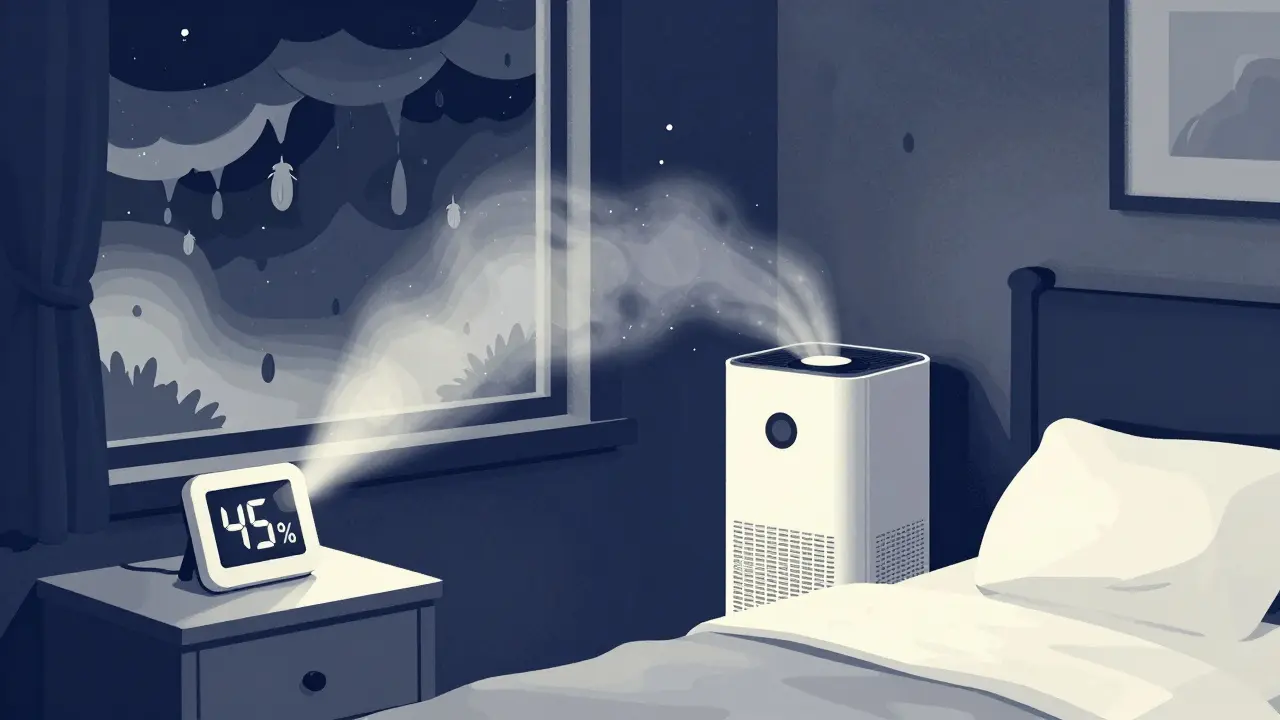 A bedroom at night with a glowing hygrometer reading 45% and a dehumidifier quietly removing moisture, while dust particles vanish into it.