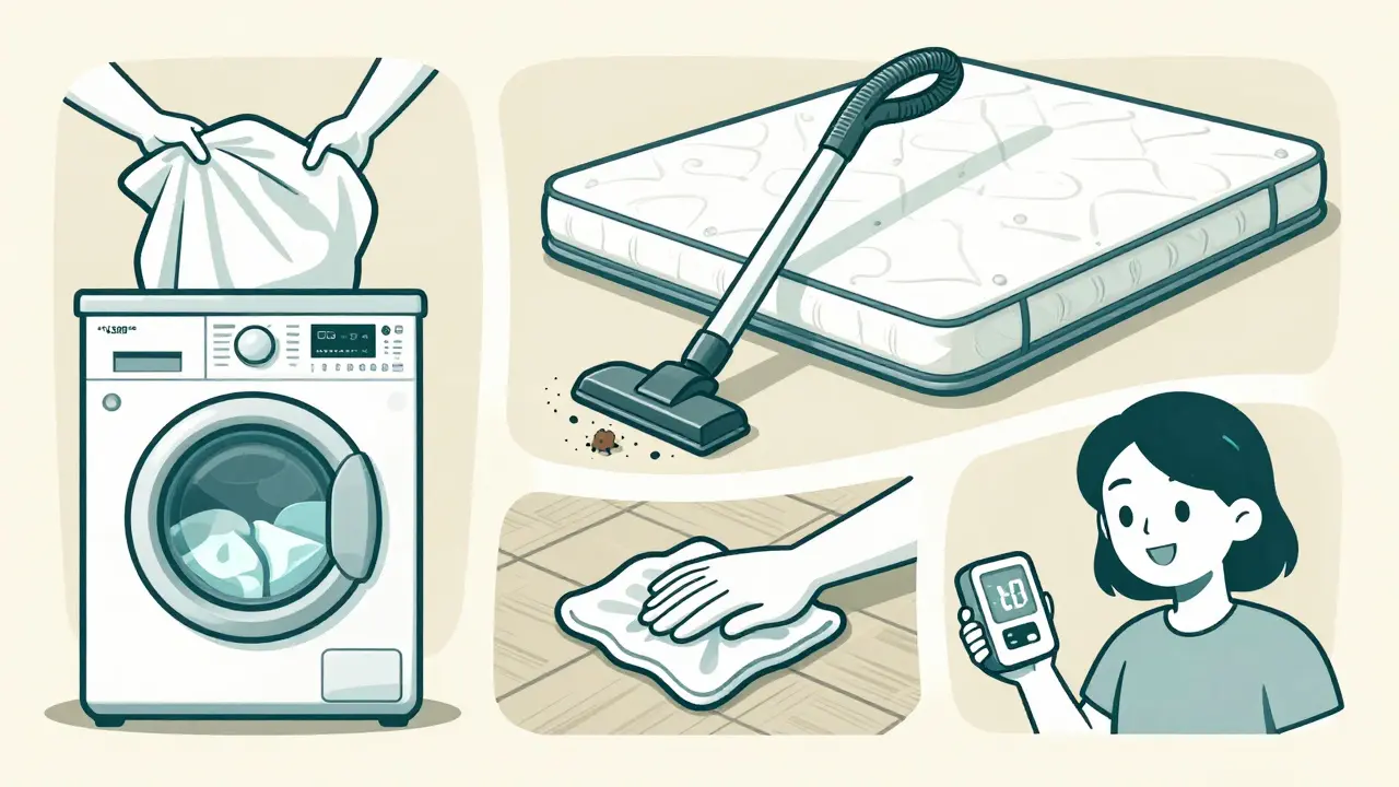 A circular comic-style montage showing hot laundry, HEPA vacuuming, damp mopping, and checking humidity for dust mite control.
