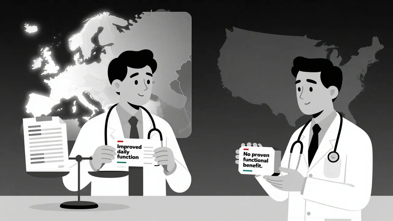 A doctor in Berlin and a doctor in Chicago view the same drug with different label claims about patient function.