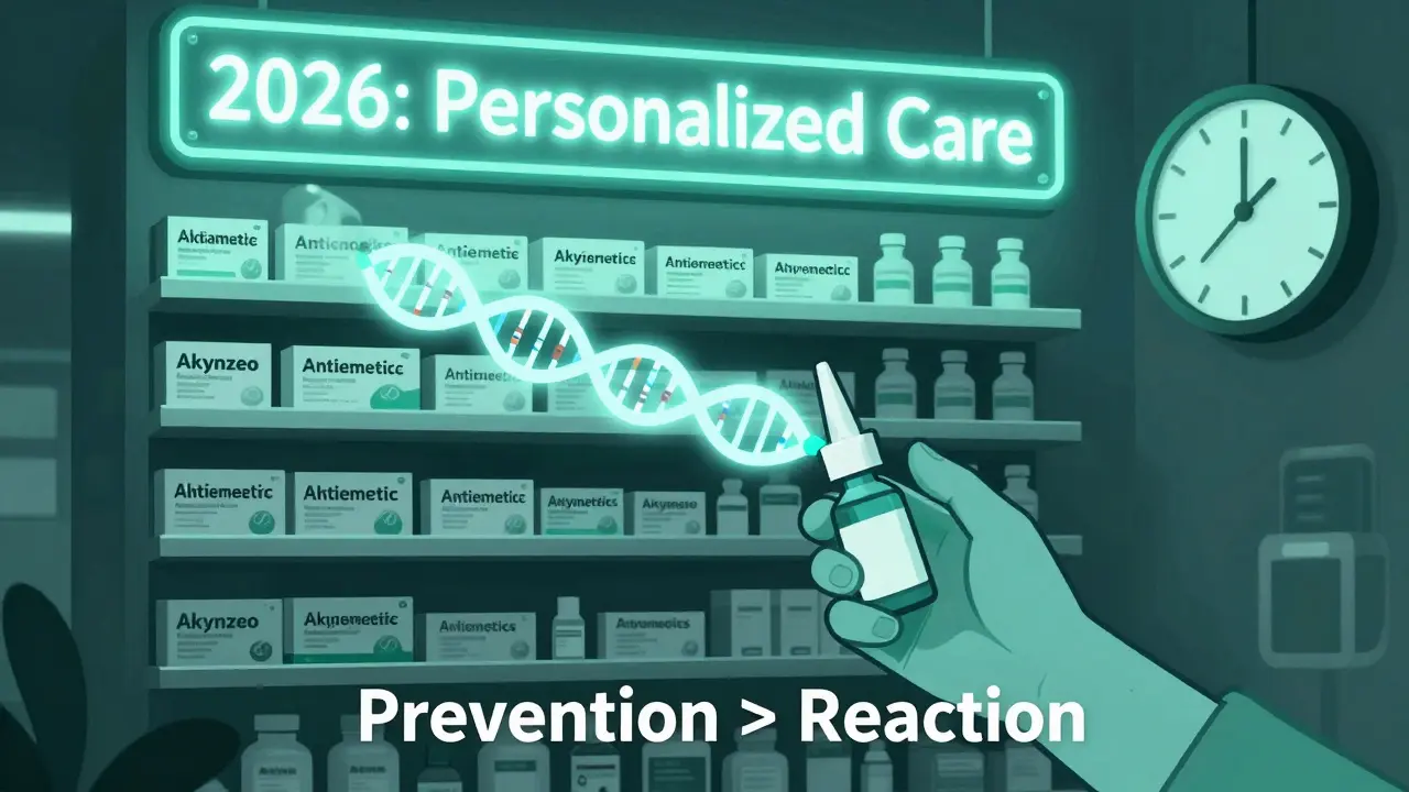 A futuristic pharmacy shelf with generic antiemetics glowing brightly, a DNA strand flowing into a patient using intranasal ondansetron.
