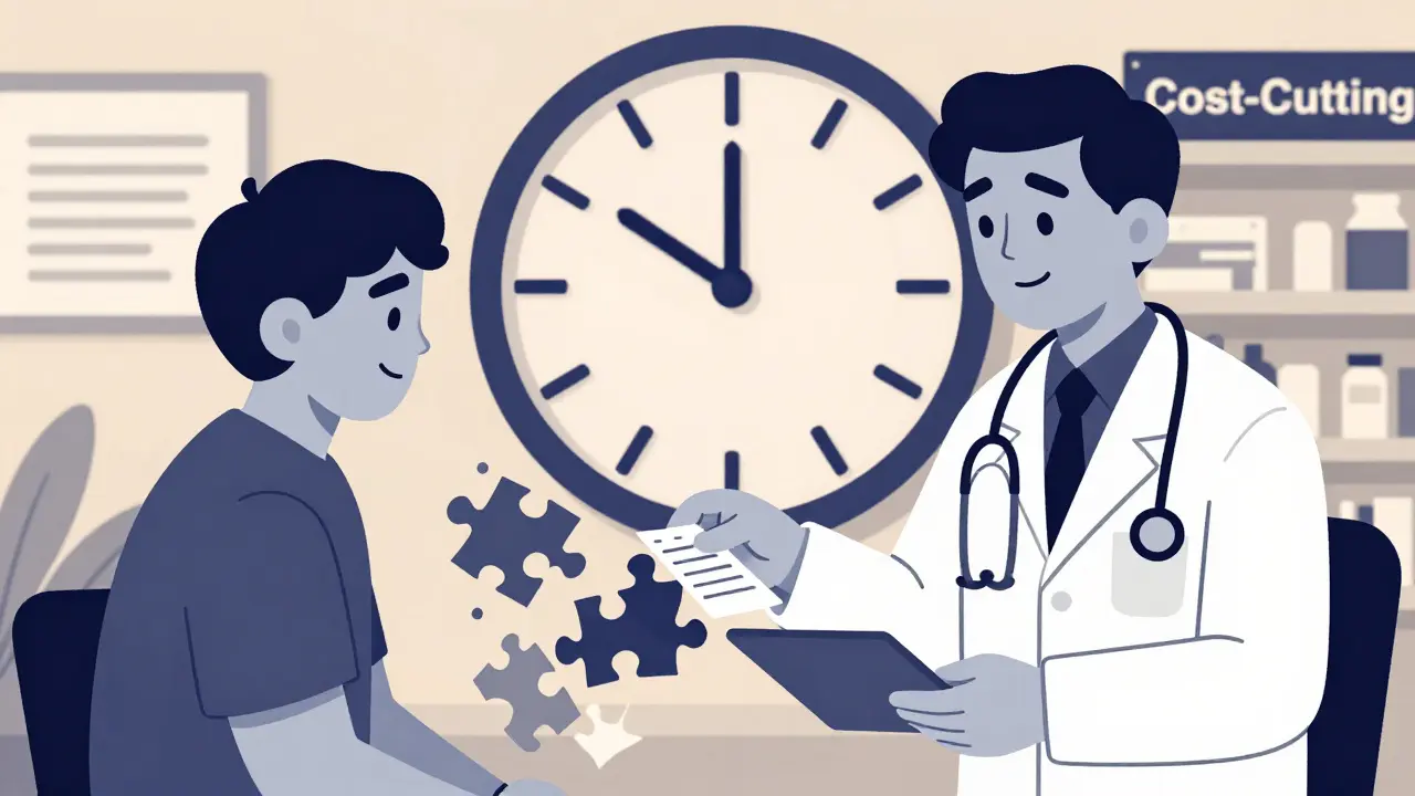 A patient's identity crumbles as a doctor hands them a new prescription, with cost-cutting looming in the background.