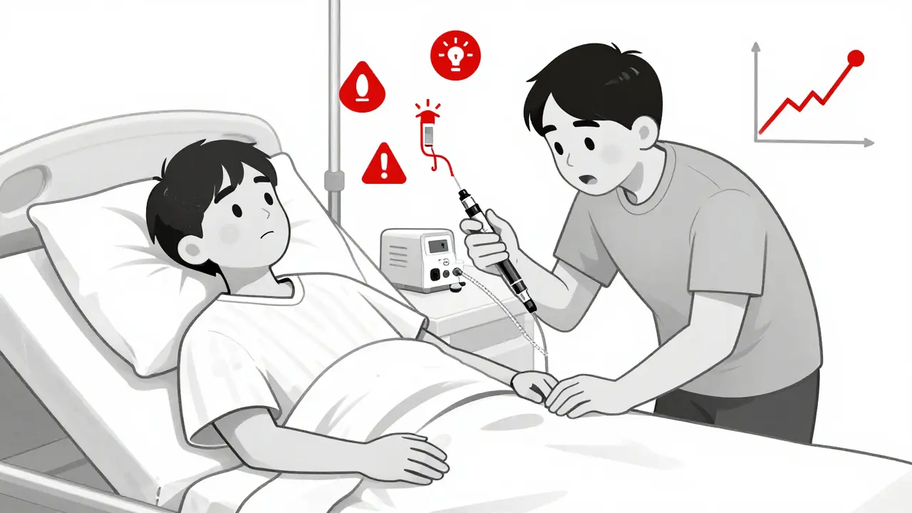 A person injects backup insulin beside a broken pump, with warning icons floating above in duotone style.