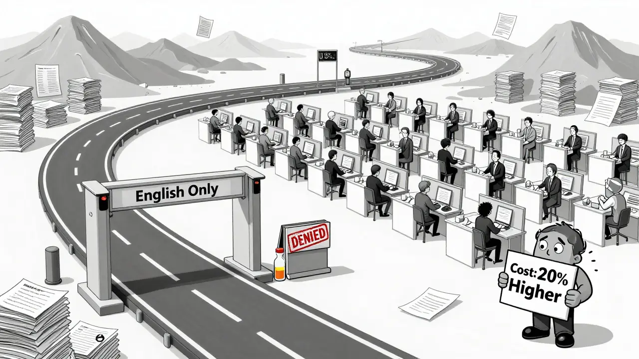 A pharmaceutical pipeline splits into a single U.S. checkpoint and a multilingual EU hub with towering translation documents.