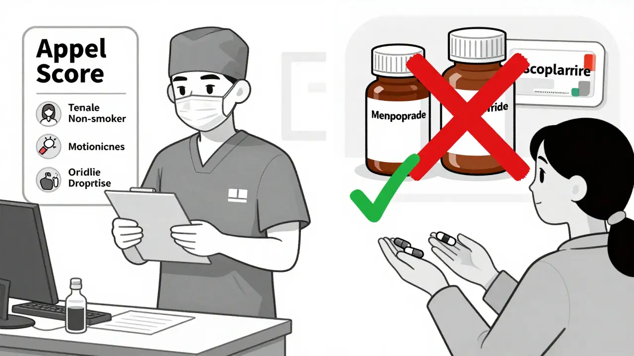 A split illustration comparing Apfel Risk Score factors to a pharmacist administering droperidol and dexamethasone, with outdated drugs crossed out.
