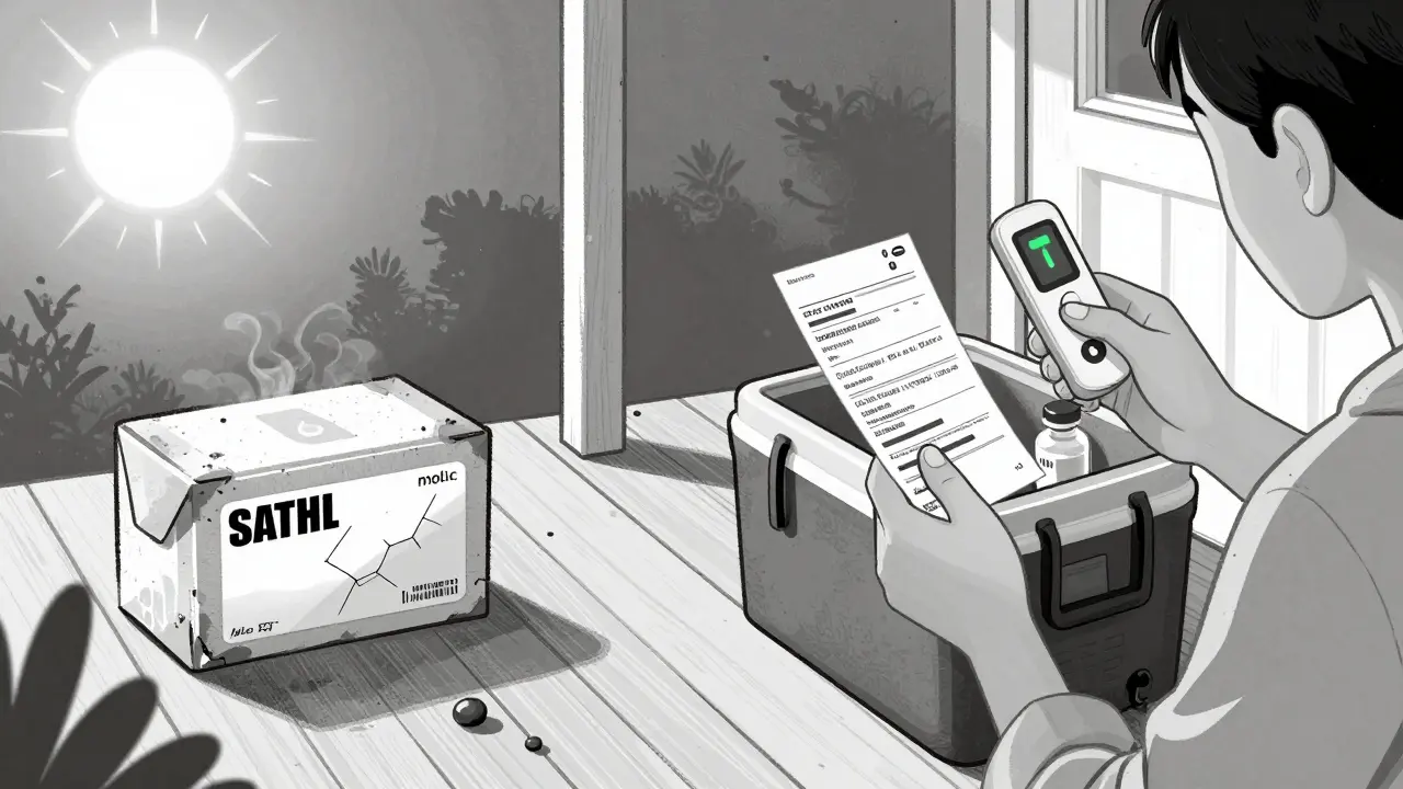 Contrast between damaged medication left in heat and properly stored meds with temperature log.