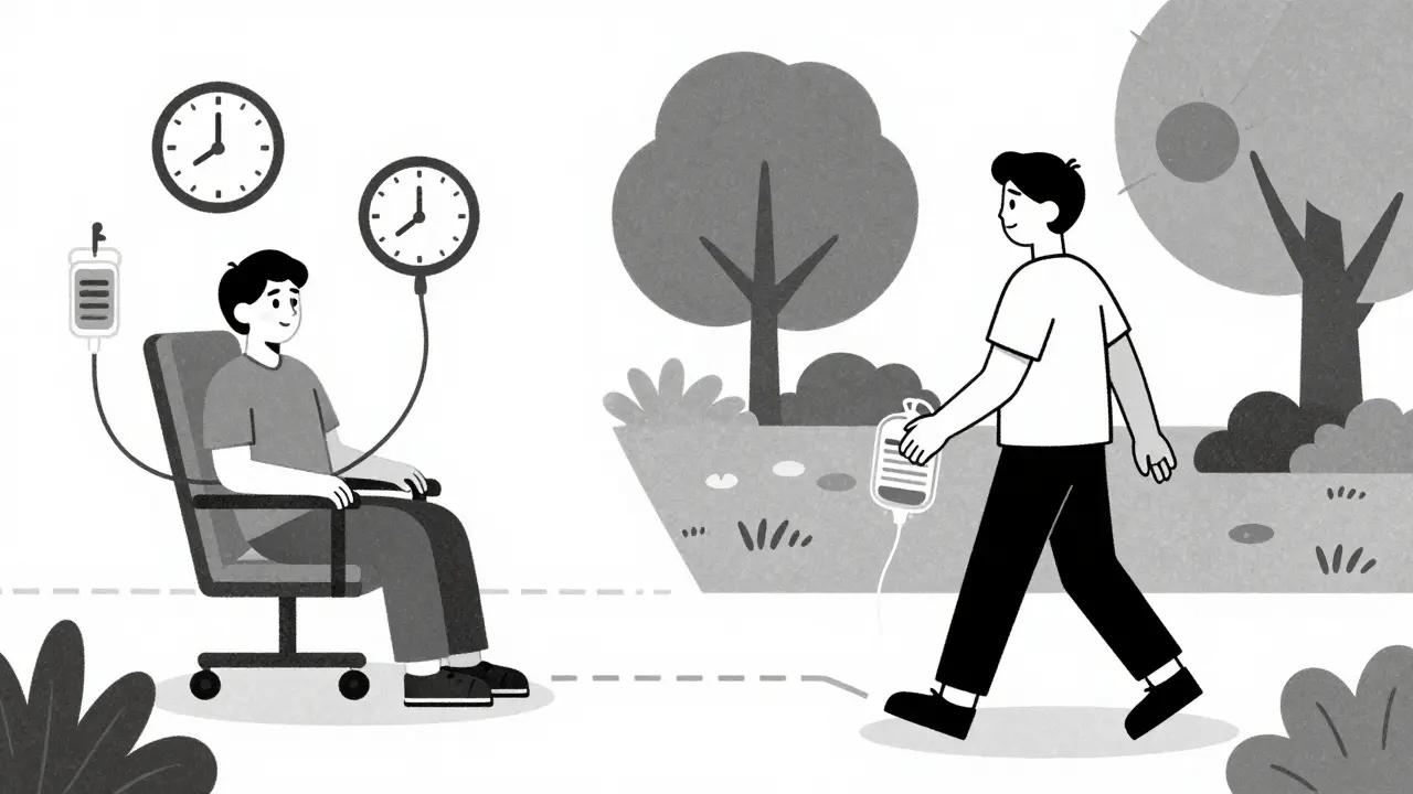 Contrasting lifestyles: one confined to clinic, another enjoying freedom with PD.