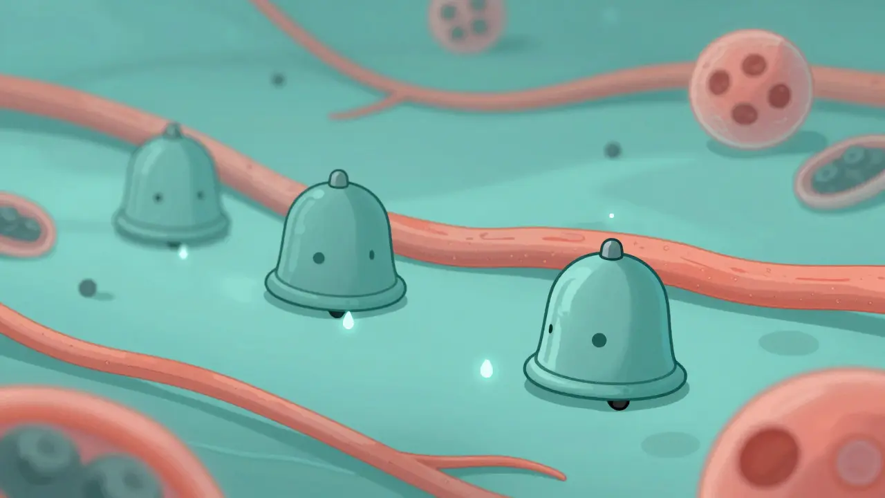 Mast cells and basophils silenced by slow drug infusion, depicted as muted alarm bells in a cellular environment.