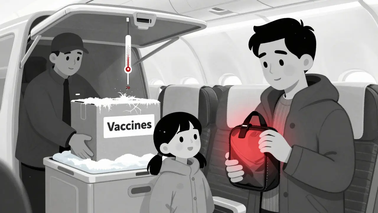 Passenger carrying medication close to body heat while baggage is exposed to freezing cargo hold.